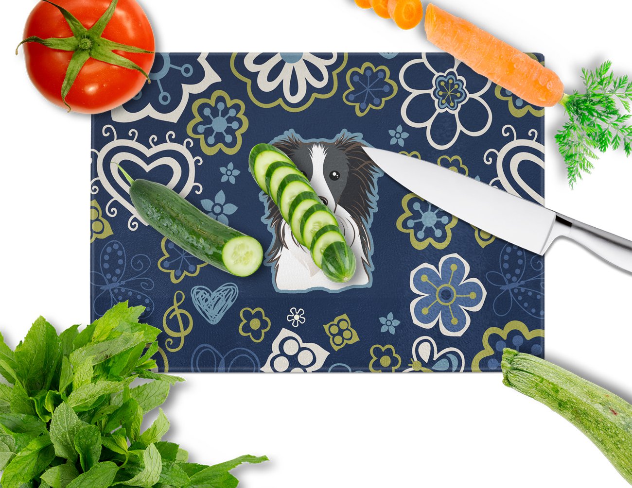 Blue Flowers Border Collie Cutting Board Tempered Glass Kitchen Cutting Surface, Heat Resistant Chopping, Non-Slip Feet, Food Prep & Serving