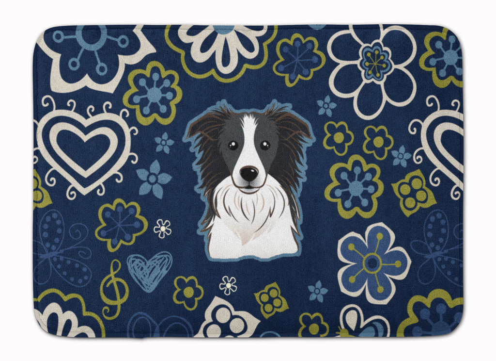 Blue Flowers Border Collie Memory Foam Kitchen Mat Machine Washable Anti-Fatigue Cushion Comfort Bath or Kitchen Rug