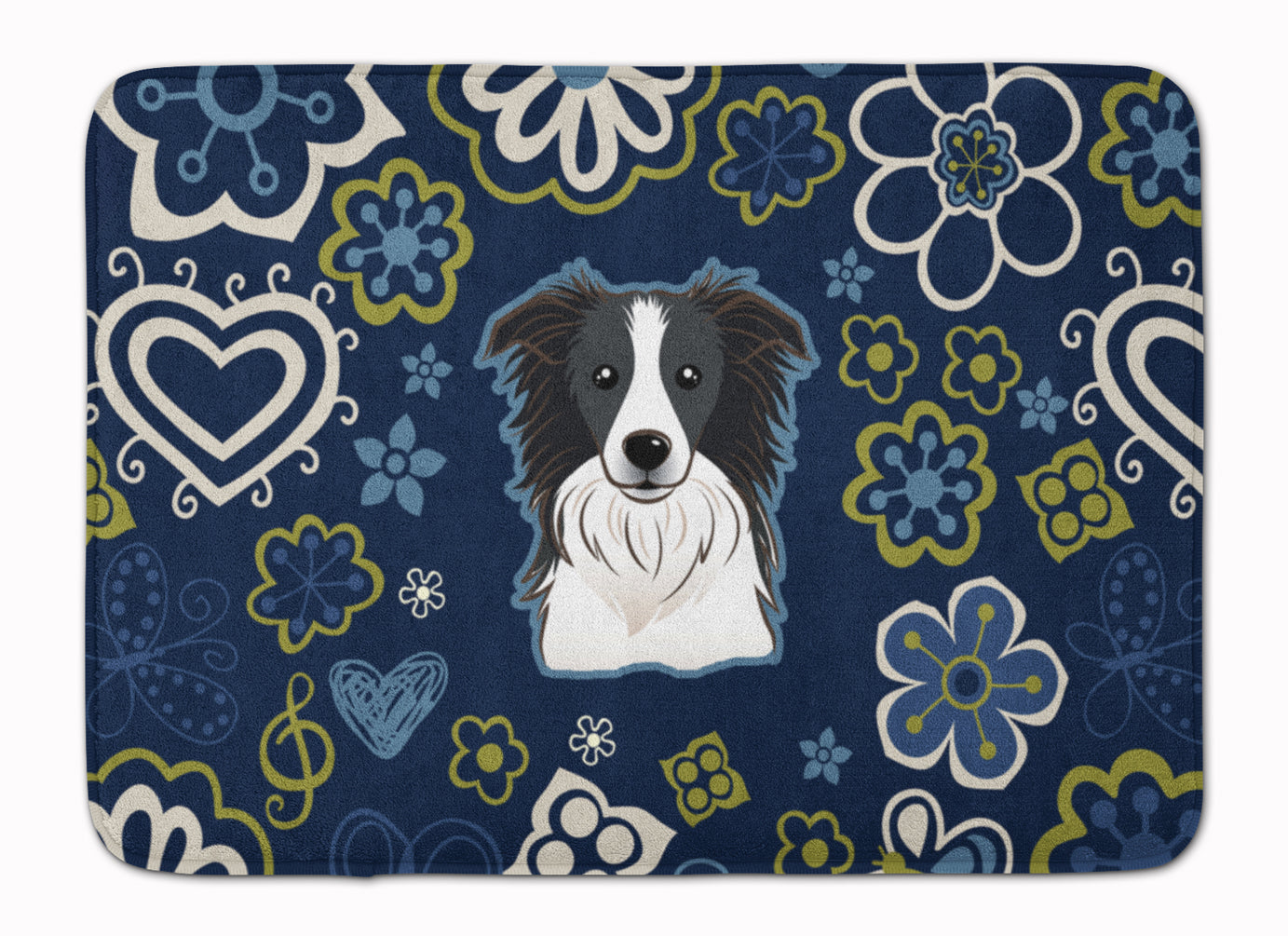 Blue Flowers Border Collie Memory Foam Kitchen Mat Machine Washable Anti-Fatigue Cushion Comfort Bath or Kitchen Rug