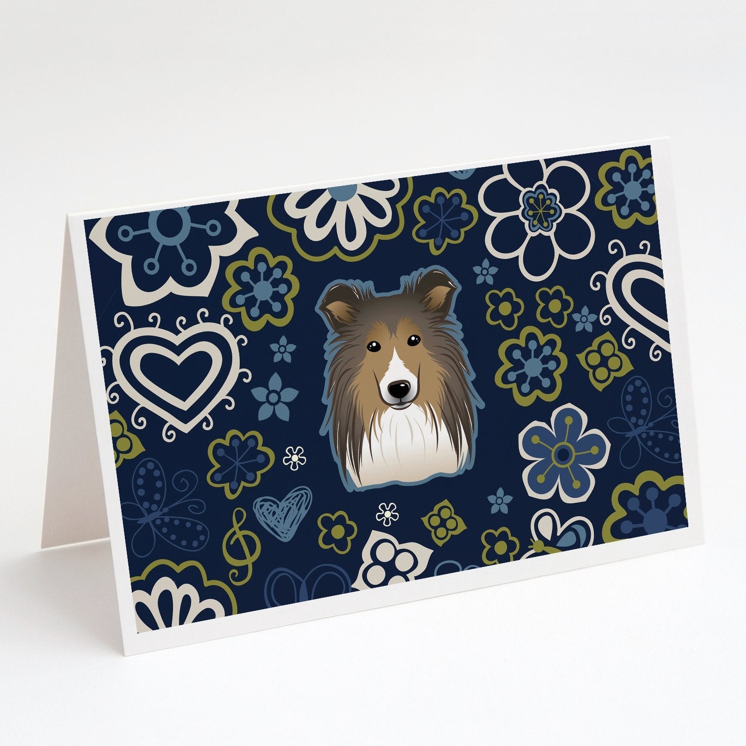 Blue Flowers Sheltie Greeting Cards Pack of 8 Blank Cards with Envelopes Whimsical A7 Size 5x7