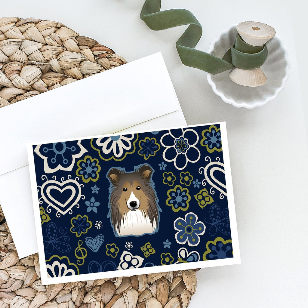 Blue Flowers Sheltie Greeting Cards Pack of 8 Blank Cards with Envelopes Whimsical A7 Size 5x7