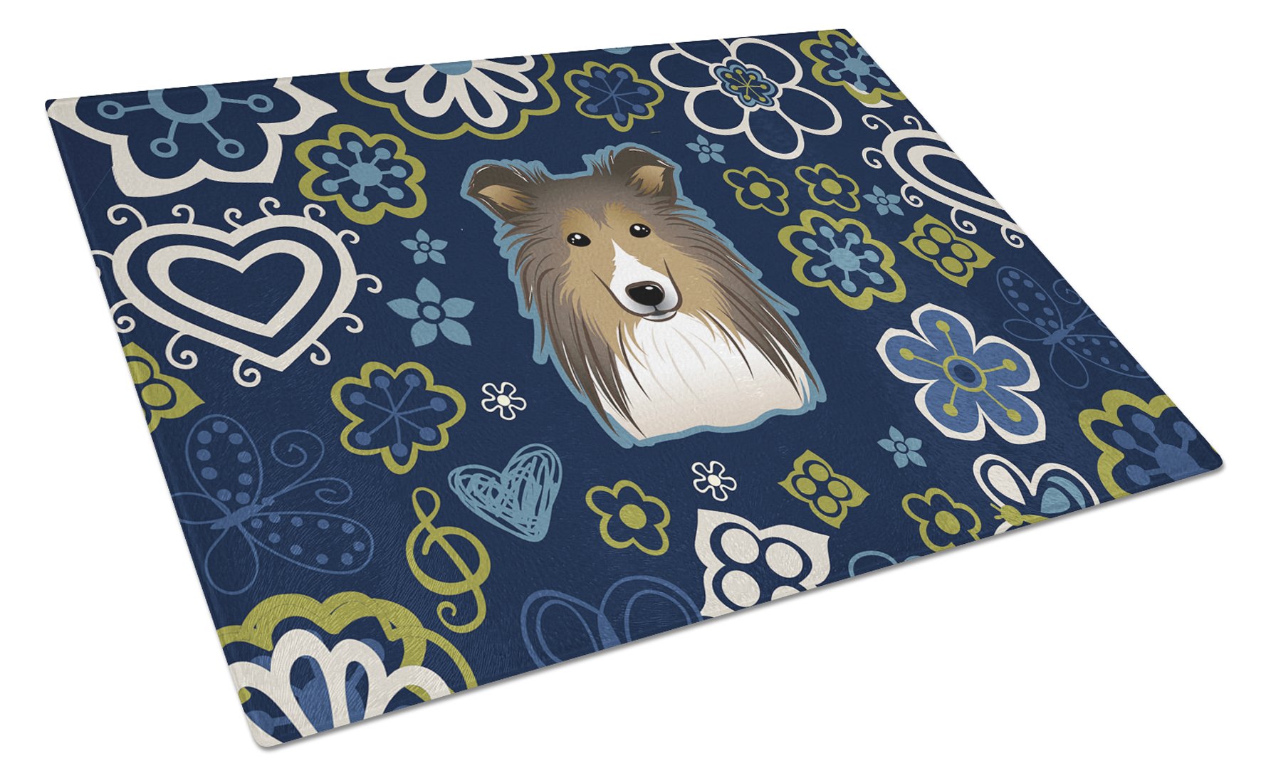 Blue Flowers Sheltie Cutting Board Tempered Glass Kitchen Cutting Surface, Heat Resistant Chopping, Non-Slip Feet, Food Prep & Serving