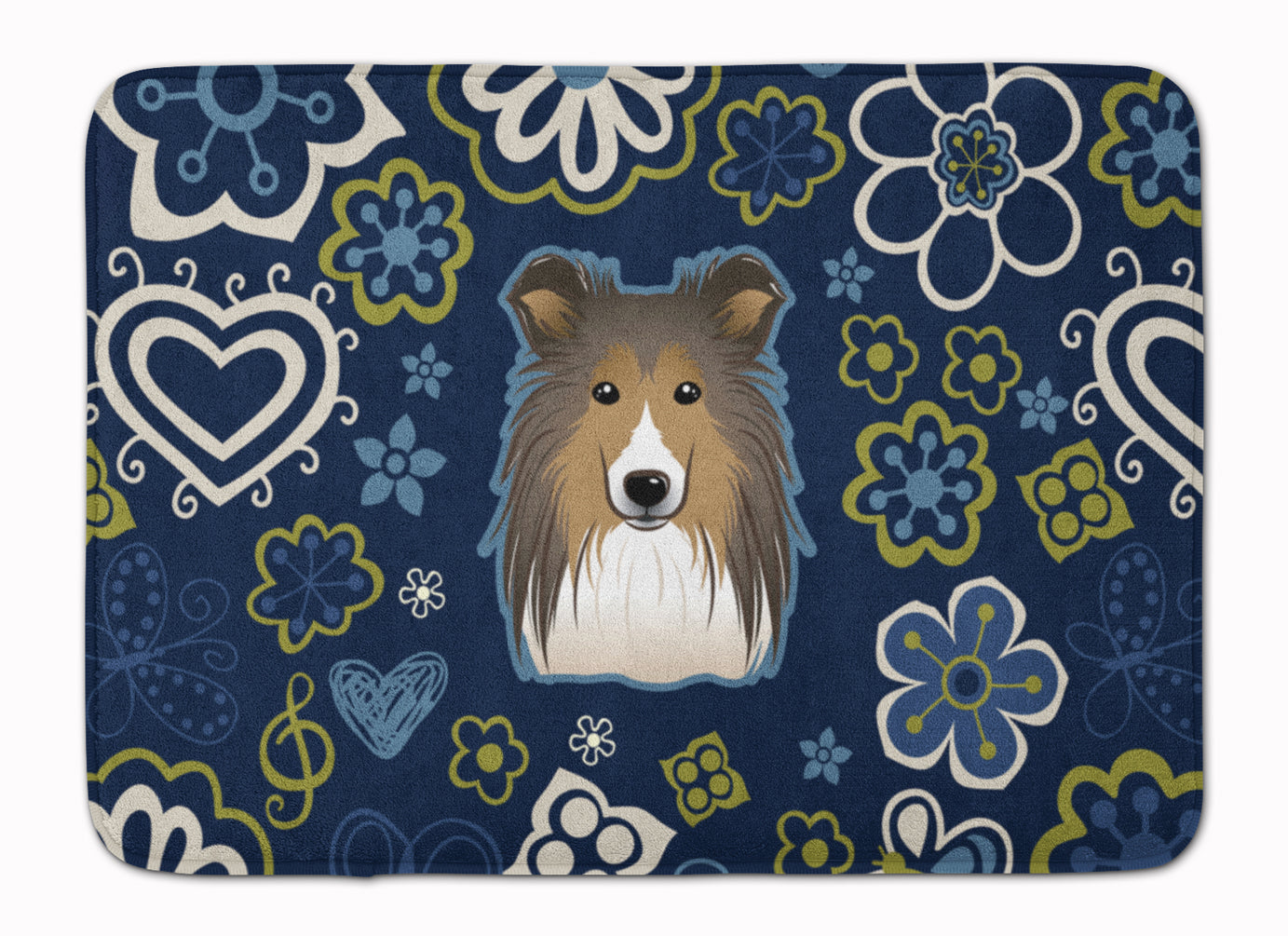 Blue Flowers Sheltie Memory Foam Kitchen Mat Machine Washable Anti-Fatigue Cushion Comfort Bath or Kitchen Rug