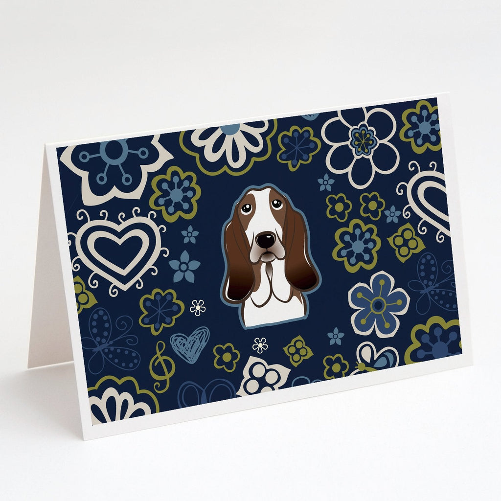 Blue Flowers Basset Hound Greeting Cards Pack of 8 Blank Cards with Envelopes Whimsical A7 Size 5x7