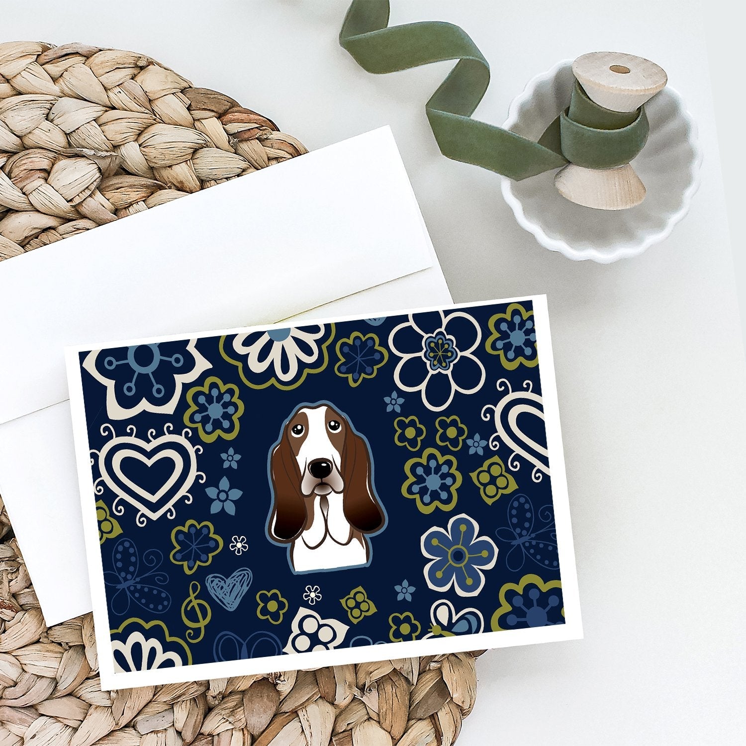 Blue Flowers Basset Hound Greeting Cards Pack of 8 Blank Cards with Envelopes Whimsical A7 Size 5x7