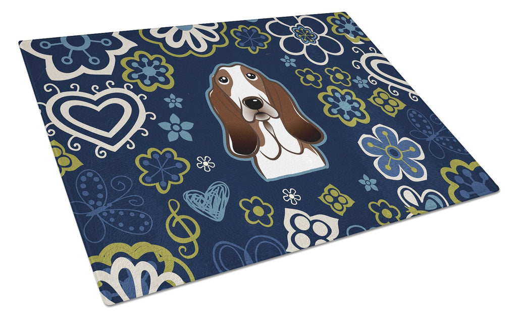 Blue Flowers Basset Hound Cutting Board Tempered Glass Kitchen Cutting Surface, Heat Resistant Chopping, Non-Slip Feet, Food Prep & Serving