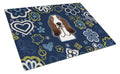Blue Flowers Basset Hound Cutting Board Tempered Glass Kitchen Cutting Surface, Heat Resistant Chopping, Non-Slip Feet, Food Prep & Serving