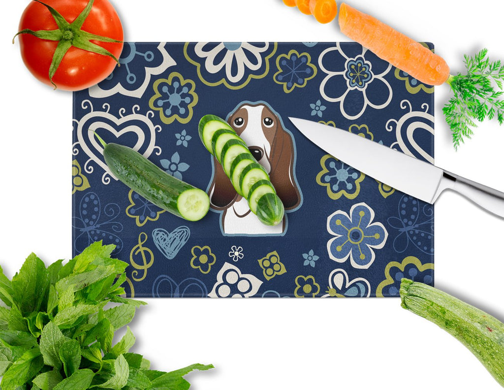 Blue Flowers Basset Hound Cutting Board Tempered Glass Kitchen Cutting Surface, Heat Resistant Chopping, Non-Slip Feet, Food Prep & Serving
