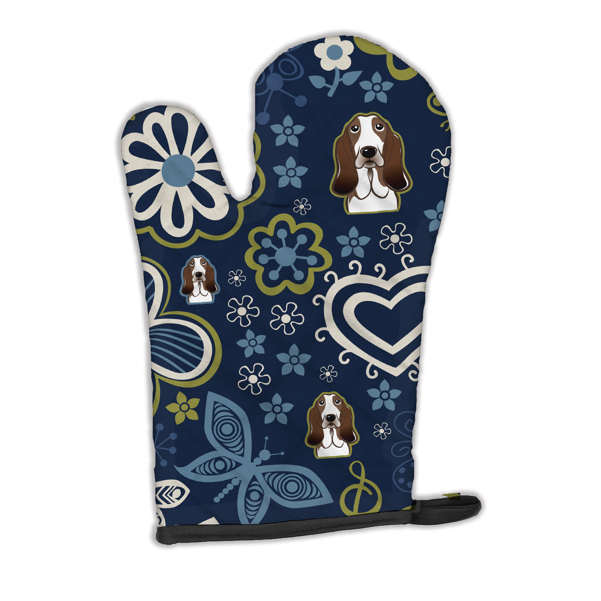 Blue Flowers Basset Hound Oven Mitt Heat Resistant Thick Oven Mitt for Hot Pans and Oven, Kitchen Mitt Protect Hands, Cooking Baking Glove