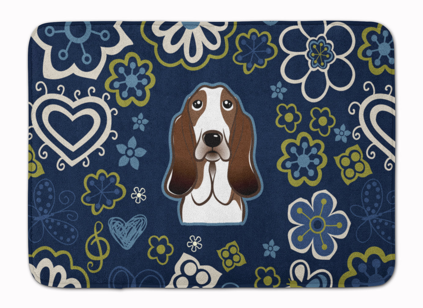Blue Flowers Basset Hound Memory Foam Kitchen Mat Machine Washable Anti-Fatigue Cushion Comfort Bath or Kitchen Rug