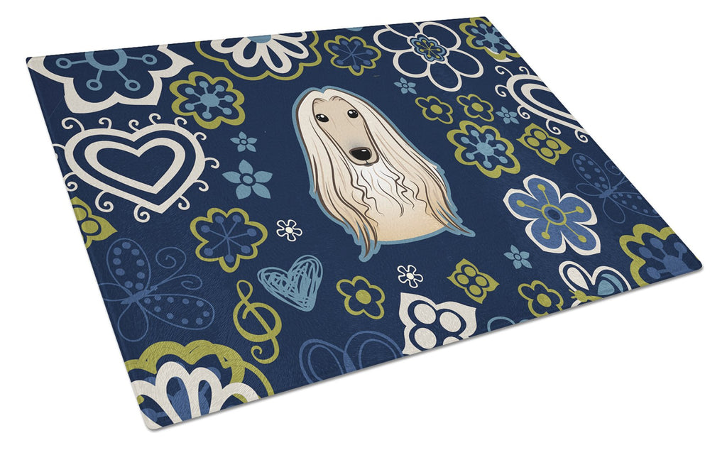 Blue Flowers Afghan Hound Cutting Board Tempered Glass Kitchen Cutting Surface, Heat Resistant Chopping, Non-Slip Feet, Food Prep & Serving
