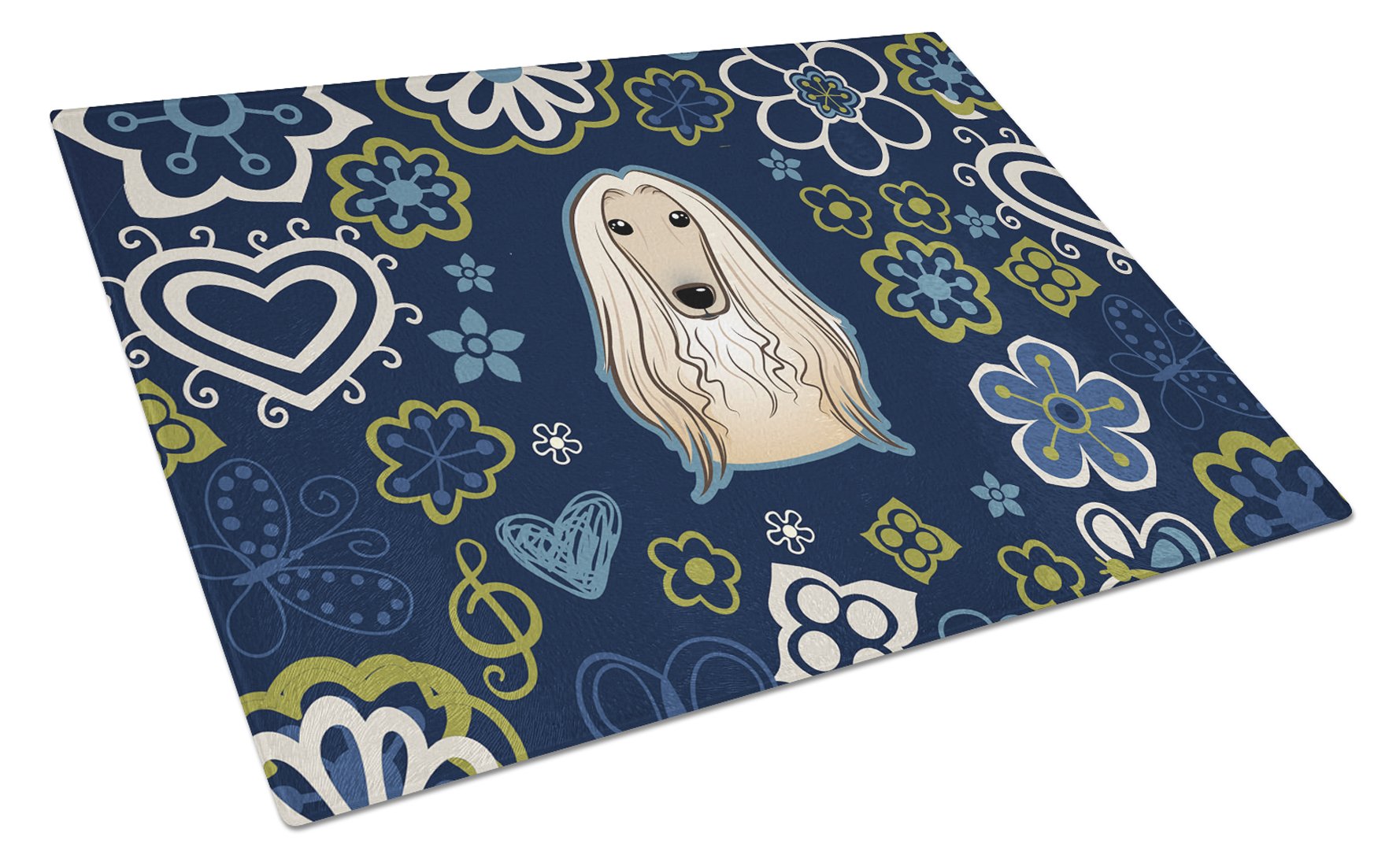 Blue Flowers Afghan Hound Cutting Board Tempered Glass Kitchen Cutting Surface, Heat Resistant Chopping, Non-Slip Feet, Food Prep & Serving