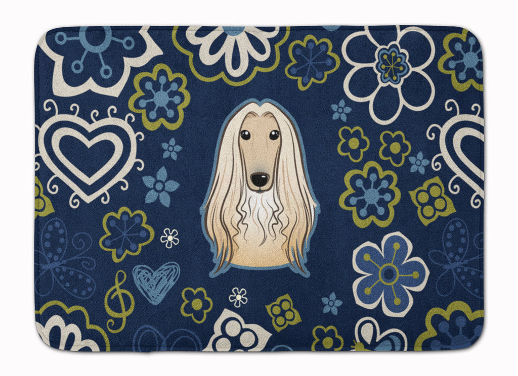 Blue Flowers Afghan Hound Memory Foam Kitchen Mat Machine Washable Anti-Fatigue Cushion Comfort Bath or Kitchen Rug