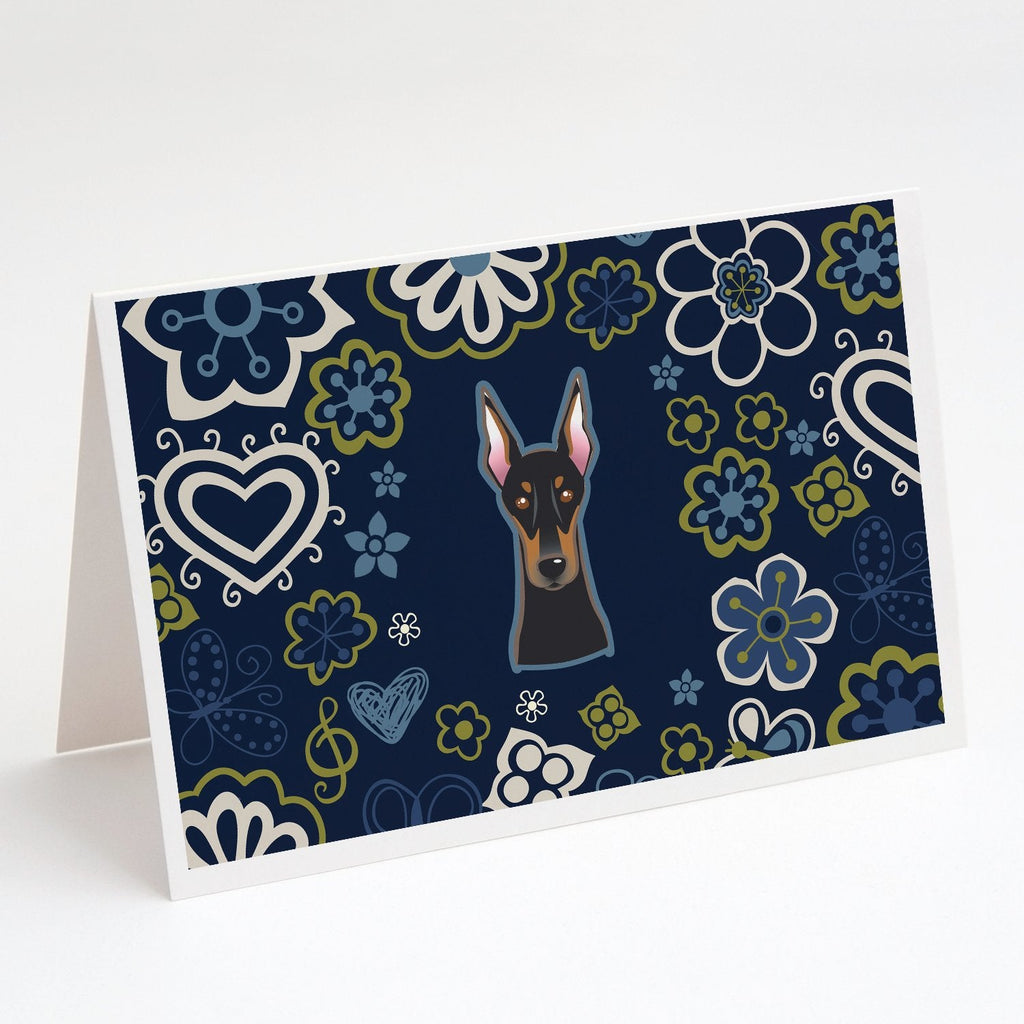 Blue Flowers Doberman Pinscher Greeting Cards Pack of 8 Blank Cards with Envelopes Whimsical A7 Size 5x7