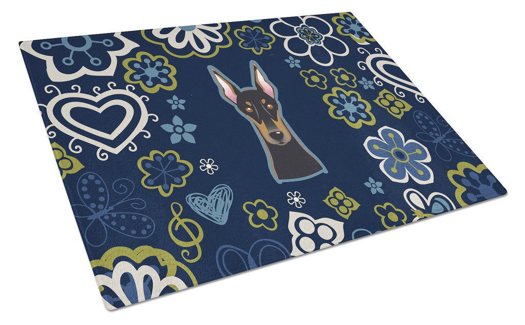Blue Flowers Doberman Pinscher Cutting Board Tempered Glass Kitchen Cutting Surface, Heat Resistant Chopping, Non-Slip Feet, Food Prep & Serving