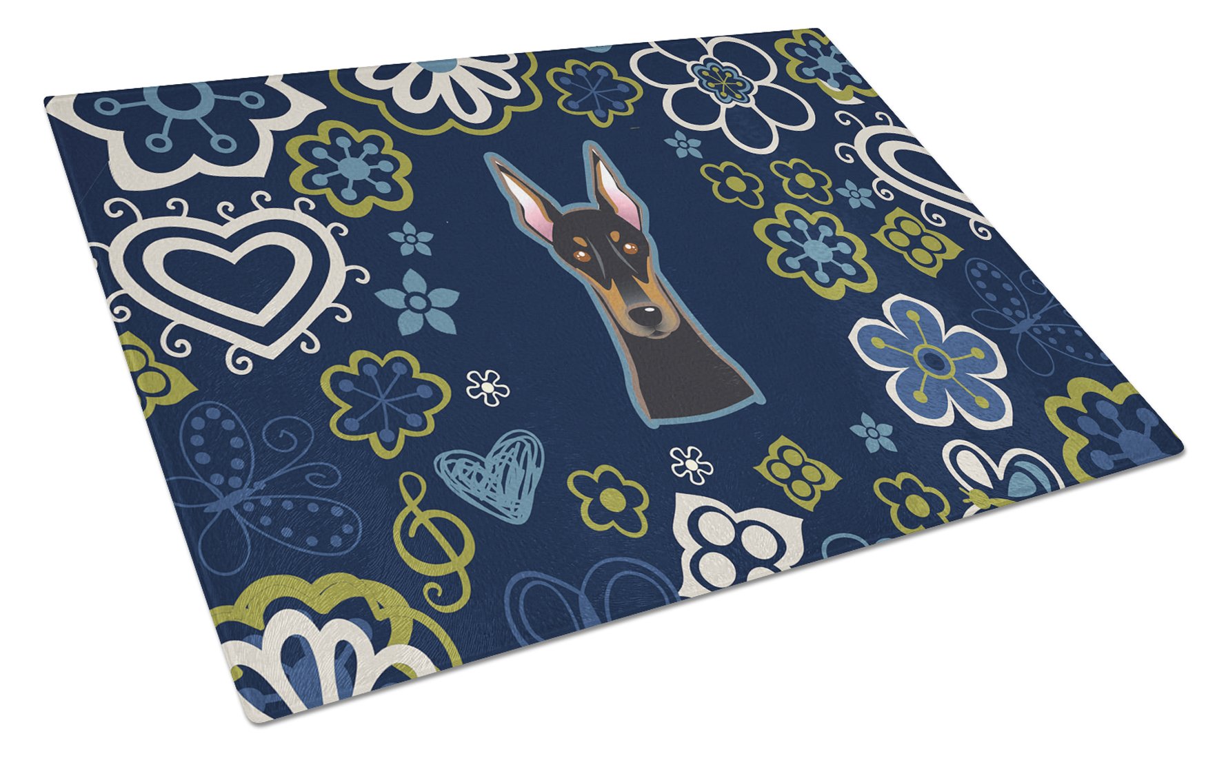 Blue Flowers Doberman Pinscher Cutting Board Tempered Glass Kitchen Cutting Surface, Heat Resistant Chopping, Non-Slip Feet, Food Prep & Serving