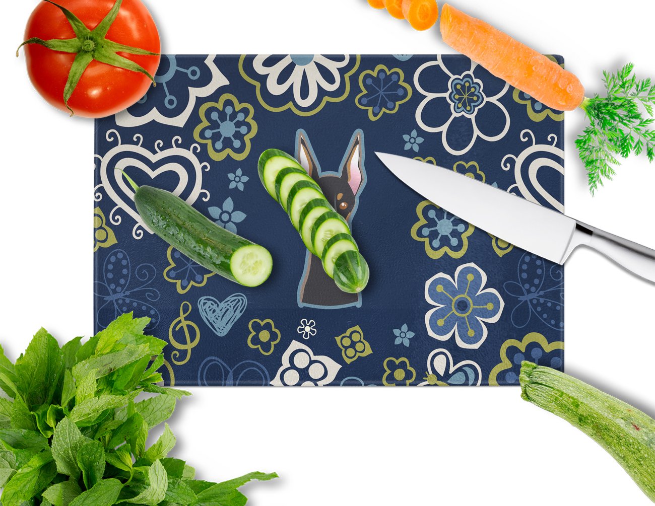 Blue Flowers Doberman Pinscher Cutting Board Tempered Glass Kitchen Cutting Surface, Heat Resistant Chopping, Non-Slip Feet, Food Prep & Serving