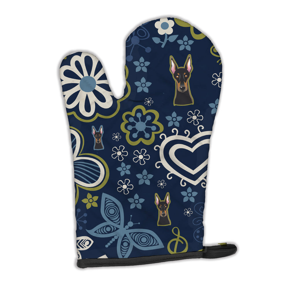 Blue Flowers Doberman Pinscher Oven Mitt Heat Resistant Thick Oven Mitt for Hot Pans and Oven, Kitchen Mitt Protect Hands, Cooking Baking Glove