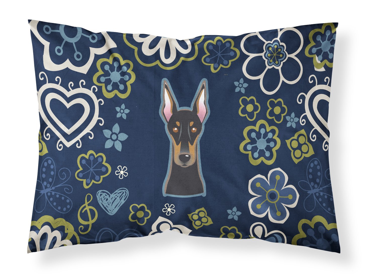 Blue Flowers Doberman Pinscher Standard Pillowcase Lightweight Super Soft Easy Care Decorative Artwork Pillowcase, Standard
