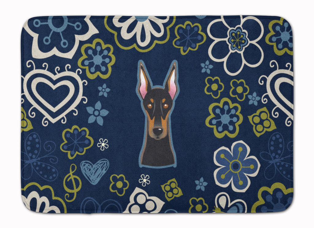Blue Flowers Doberman Pinscher Memory Foam Kitchen Mat Machine Washable Anti-Fatigue Cushion Comfort Bath or Kitchen Rug