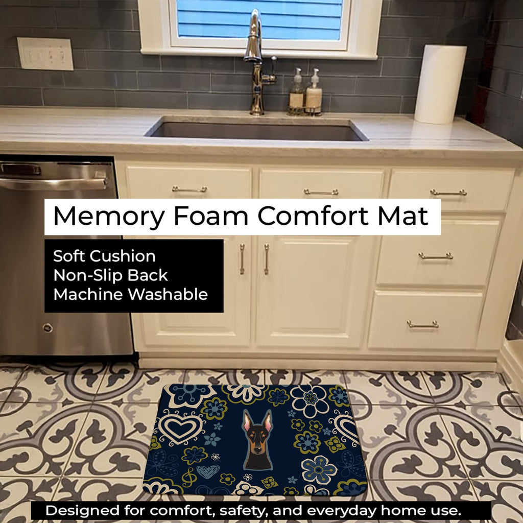 Blue Flowers Doberman Pinscher Memory Foam Kitchen Mat Machine Washable Anti-Fatigue Cushion Comfort Bath or Kitchen Rug