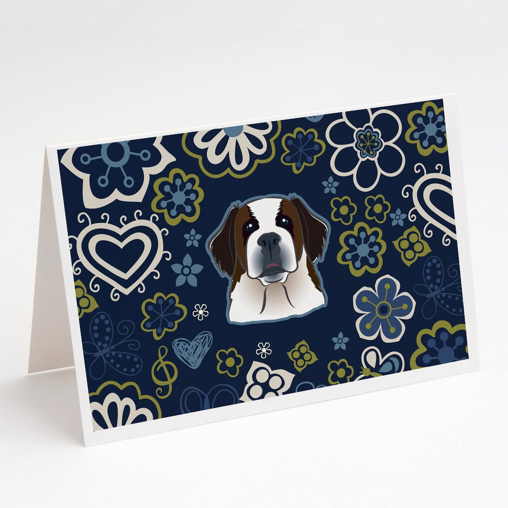 Blue Flowers Saint Bernard Greeting Cards Pack of 8 Blank Cards with Envelopes Whimsical A7 Size 5x7