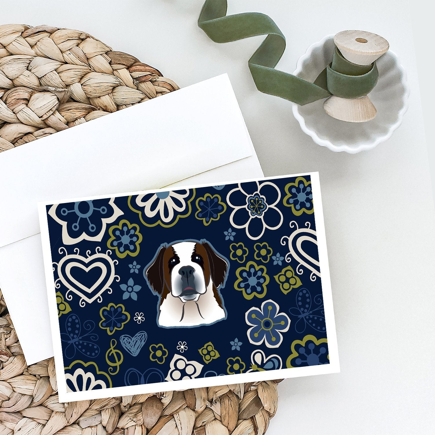 Blue Flowers Saint Bernard Greeting Cards Pack of 8 Blank Cards with Envelopes Whimsical A7 Size 5x7