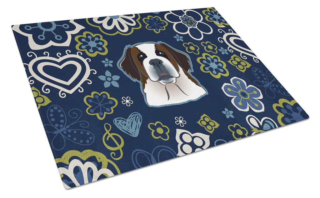 Blue Flowers Saint Bernard Cutting Board Tempered Glass Kitchen Cutting Surface, Heat Resistant Chopping, Non-Slip Feet, Food Prep & Serving