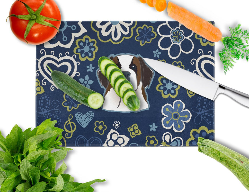 Blue Flowers Saint Bernard Cutting Board Tempered Glass Kitchen Cutting Surface, Heat Resistant Chopping, Non-Slip Feet, Food Prep & Serving