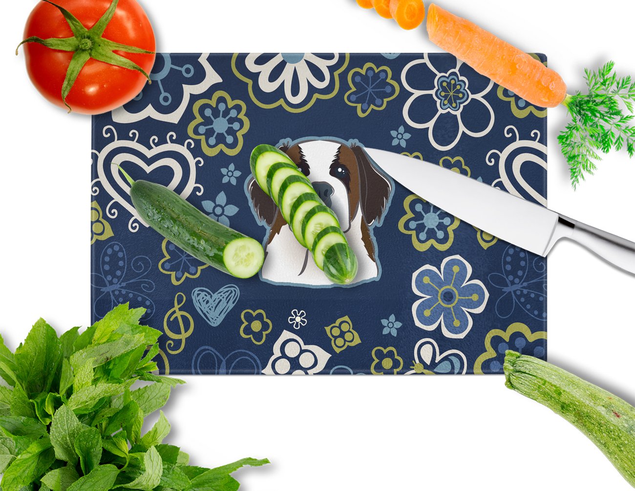 Blue Flowers Saint Bernard Cutting Board Tempered Glass Kitchen Cutting Surface, Heat Resistant Chopping, Non-Slip Feet, Food Prep & Serving