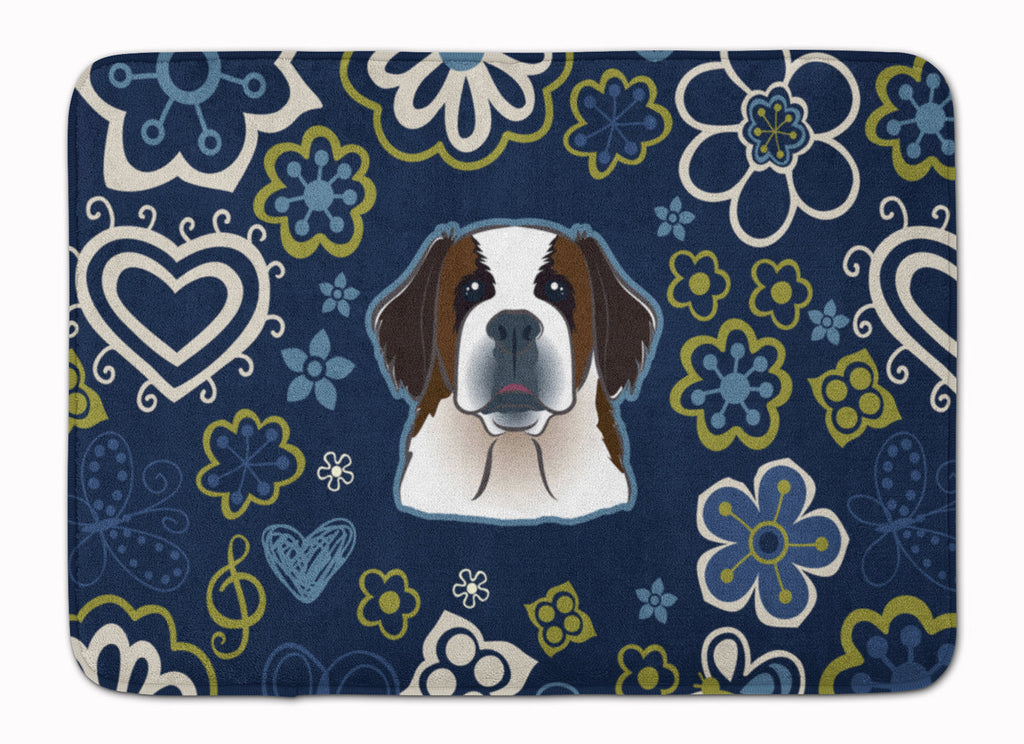 Blue Flowers Saint Bernard Memory Foam Kitchen Mat Machine Washable Anti-Fatigue Cushion Comfort Bath or Kitchen Rug