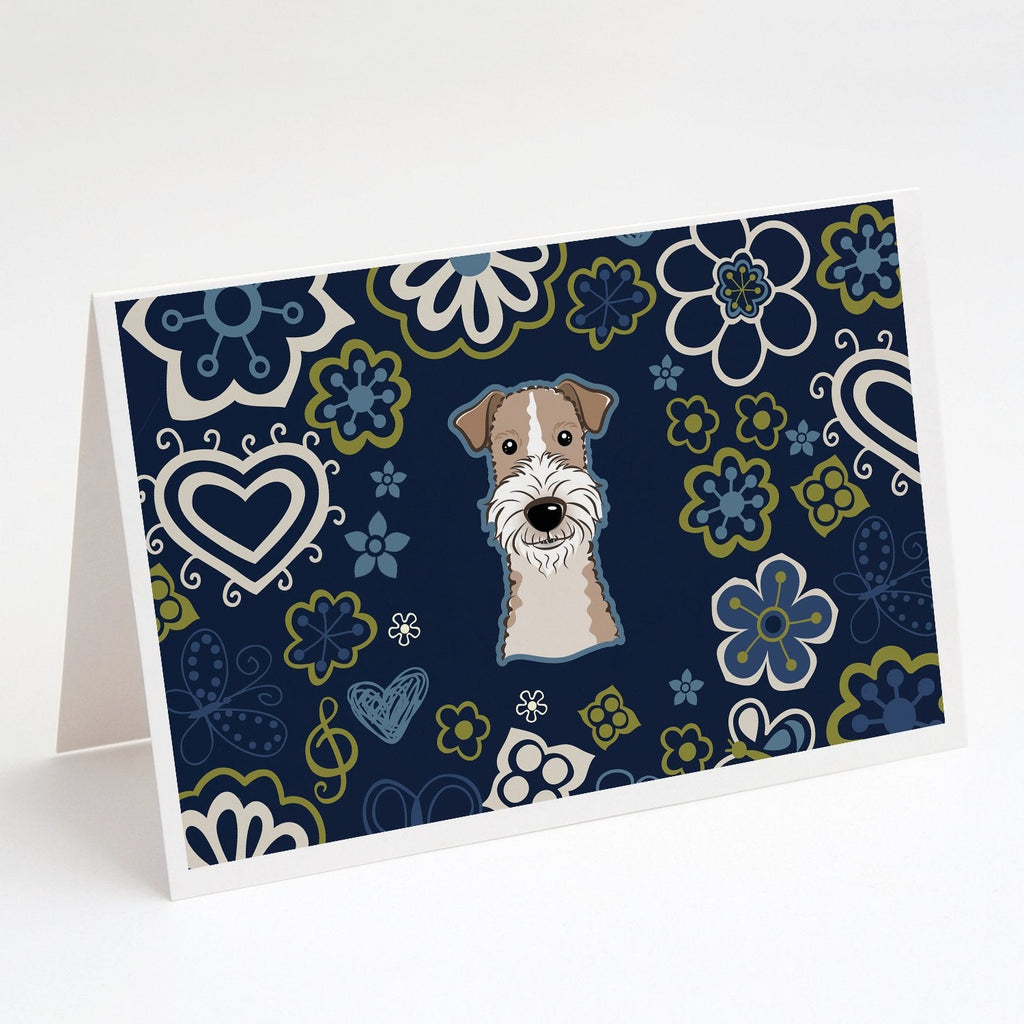 Blue Flowers Wire Haired Fox Terrier Greeting Cards Pack of 8 Blank Cards with Envelopes Whimsical A7 Size 5x7