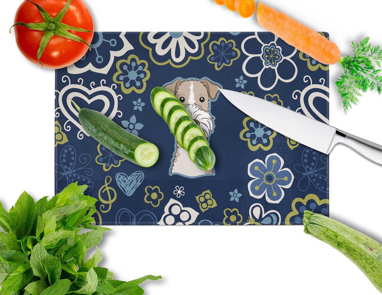 Blue Flowers Wire Haired Fox Terrier Cutting Board Tempered Glass Kitchen Cutting Surface, Heat Resistant Chopping, Non-Slip Feet, Food Prep & Serving
