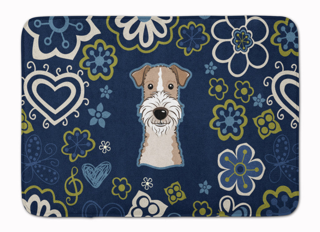 Blue Flowers Wire Haired Fox Terrier Memory Foam Kitchen Mat Machine Washable Anti-Fatigue Cushion Comfort Bath or Kitchen Rug