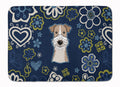 Blue Flowers Wire Haired Fox Terrier Memory Foam Kitchen Mat Machine Washable Anti-Fatigue Cushion Comfort Bath or Kitchen Rug
