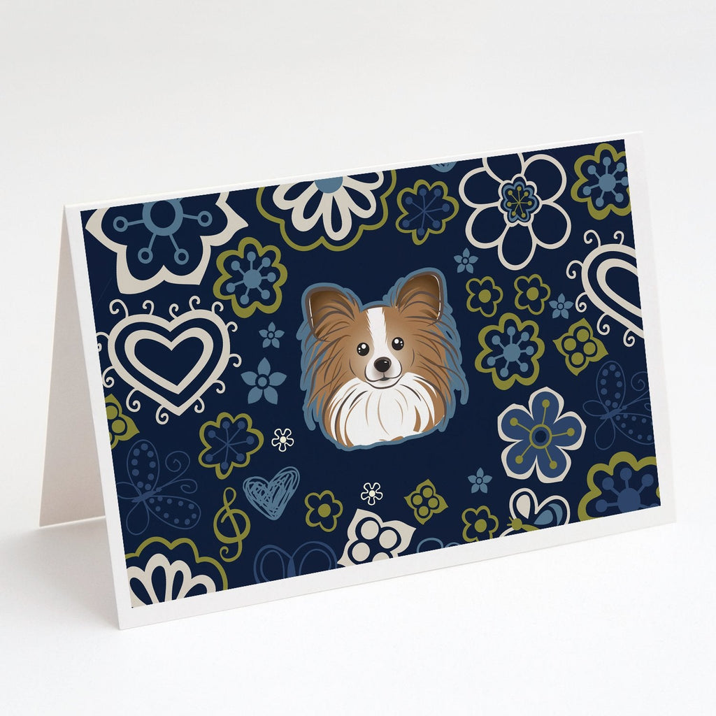 Blue Flowers Papillon Greeting Cards Pack of 8 Blank Cards with Envelopes Whimsical A7 Size 5x7