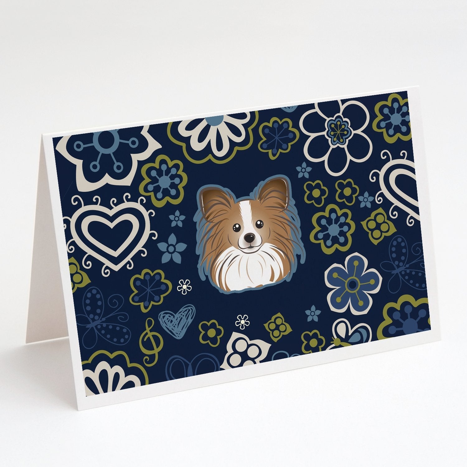 Blue Flowers Papillon Greeting Cards Pack of 8 Blank Cards with Envelopes Whimsical A7 Size 5x7