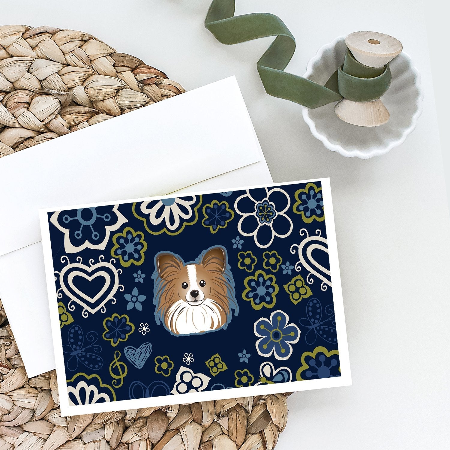 Blue Flowers Papillon Greeting Cards Pack of 8 Blank Cards with Envelopes Whimsical A7 Size 5x7