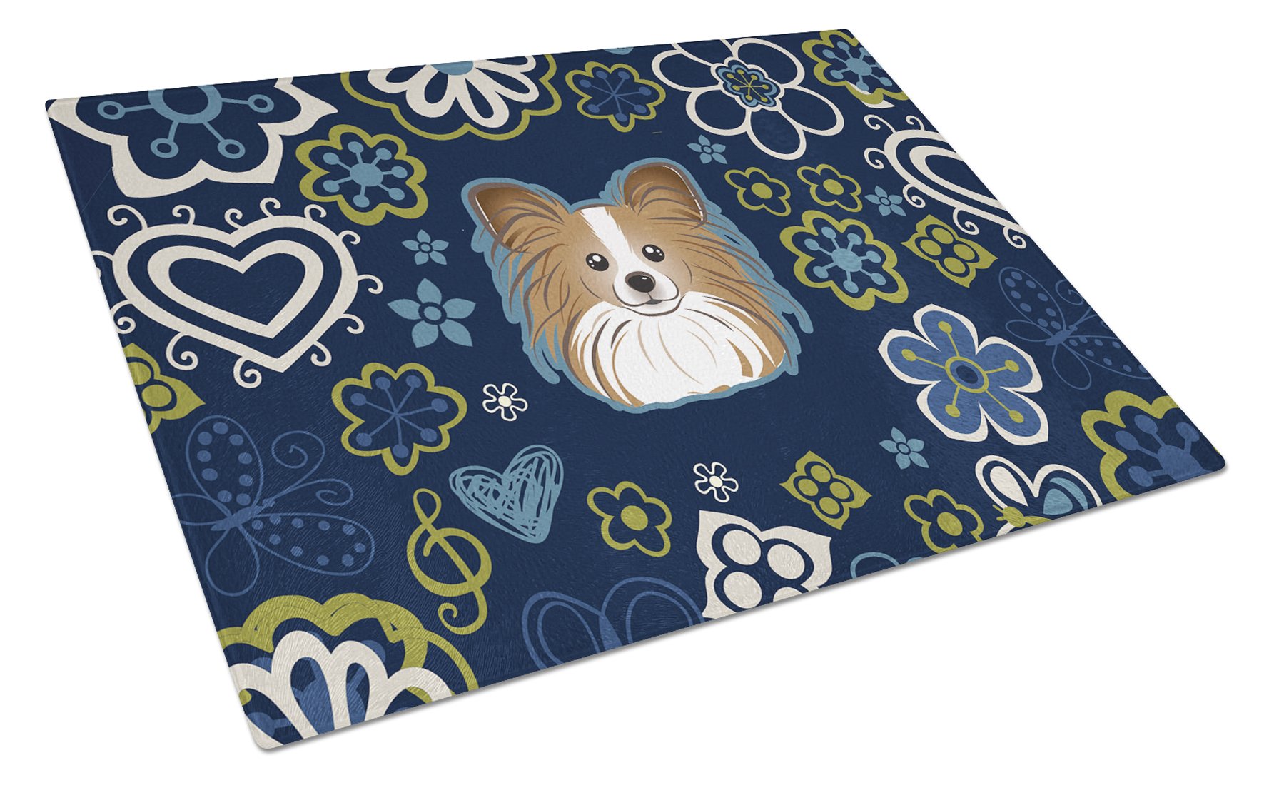 Blue Flowers Papillon Cutting Board Tempered Glass Kitchen Cutting Surface, Heat Resistant Chopping, Non-Slip Feet, Food Prep & Serving
