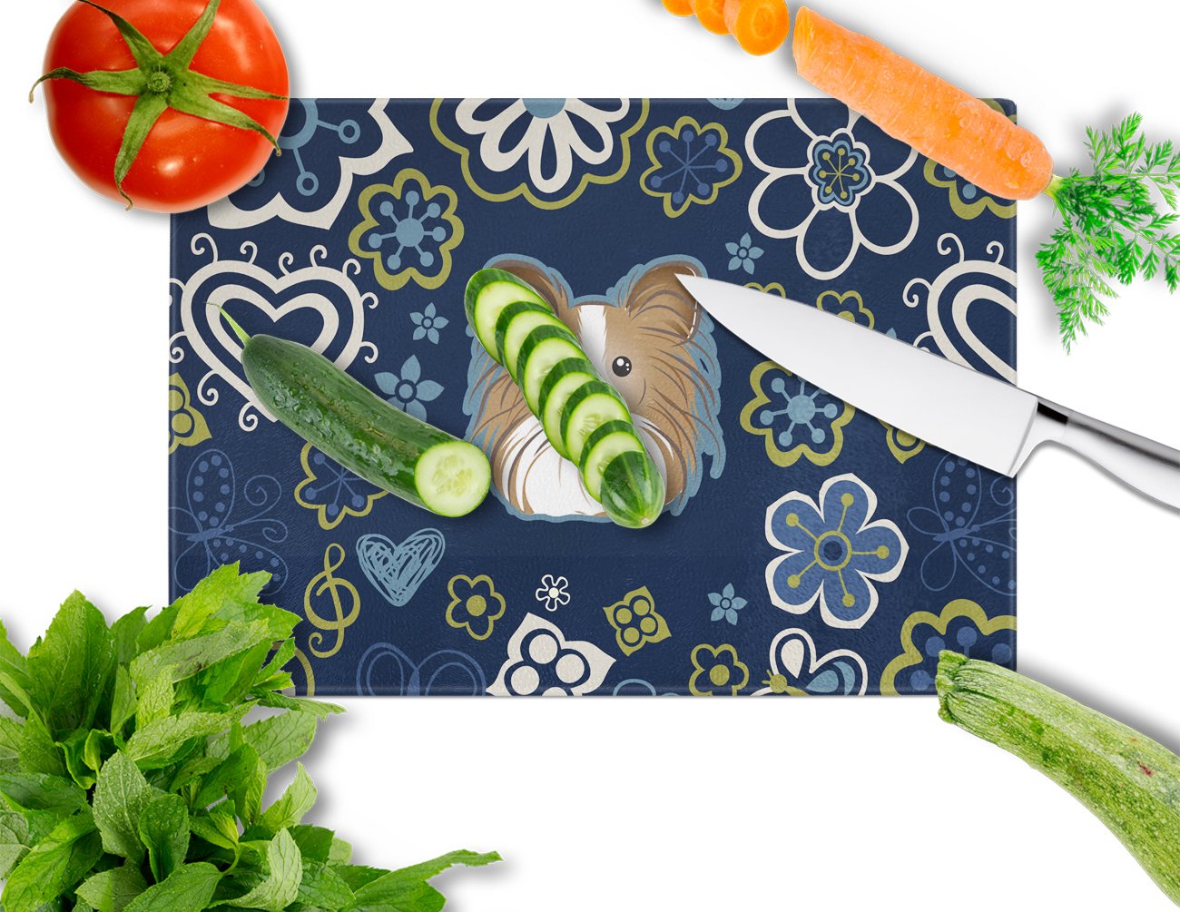 Blue Flowers Papillon Cutting Board Tempered Glass Kitchen Cutting Surface, Heat Resistant Chopping, Non-Slip Feet, Food Prep & Serving