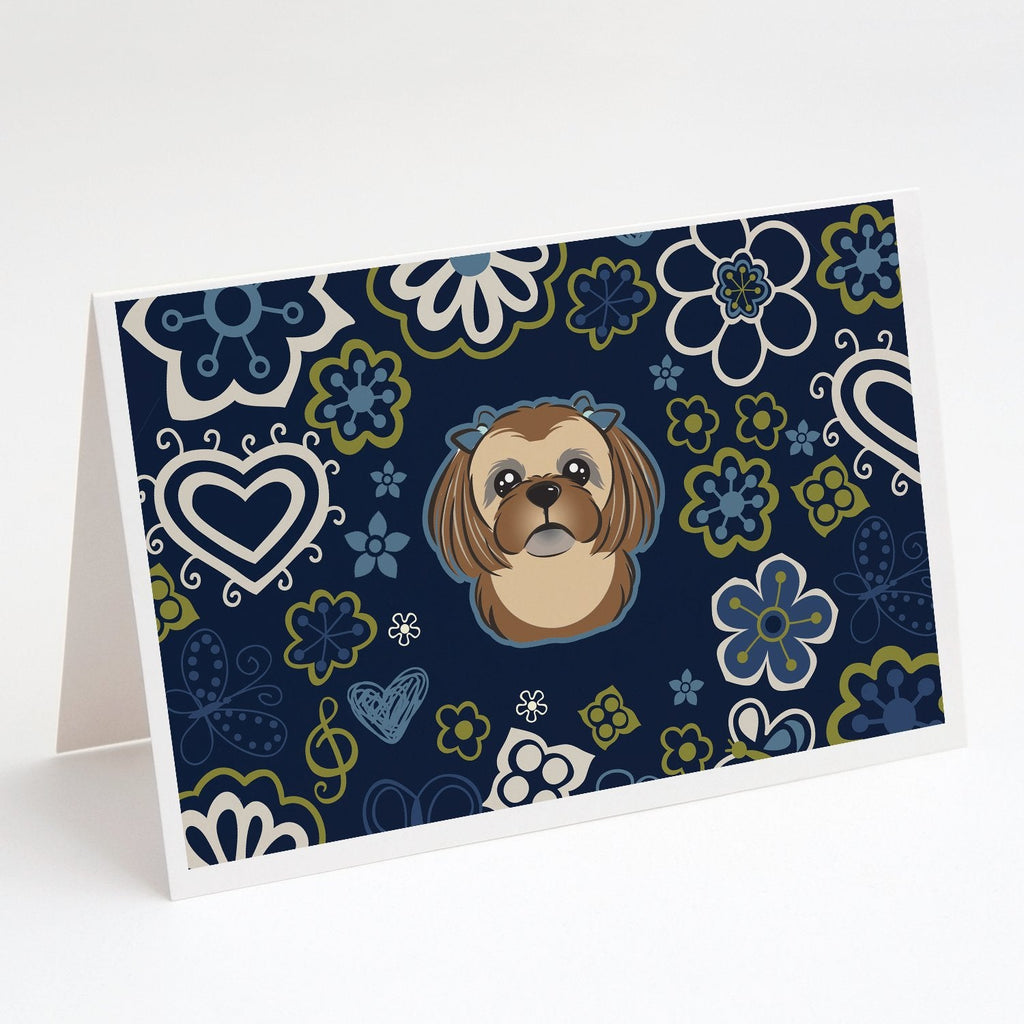 Blue Flowers Chocolate Brown Shih Tzu Greeting Cards Pack of 8 Blank Cards with Envelopes Whimsical A7 Size 5x7