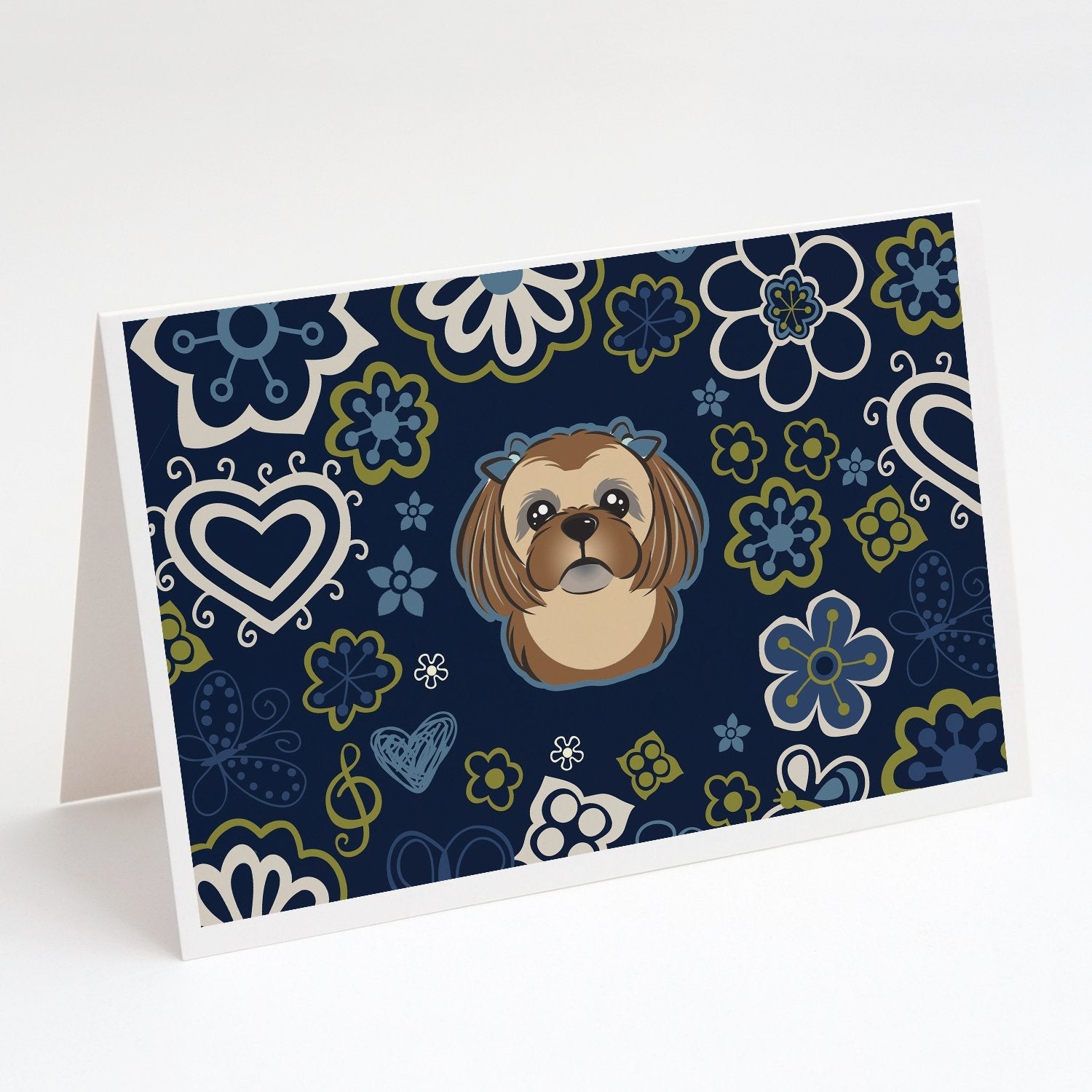 Blue Flowers Chocolate Brown Shih Tzu Greeting Cards Pack of 8 Blank Cards with Envelopes Whimsical A7 Size 5x7