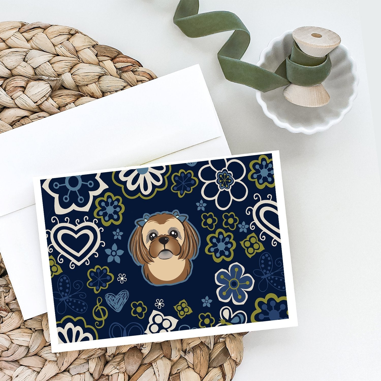 Blue Flowers Chocolate Brown Shih Tzu Greeting Cards Pack of 8 Blank Cards with Envelopes Whimsical A7 Size 5x7
