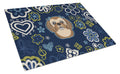 Blue Flowers Chocolate Brown Shih Tzu Cutting Board Tempered Glass Kitchen Cutting Surface, Heat Resistant Chopping, Non-Slip Feet, Food Prep & Serving