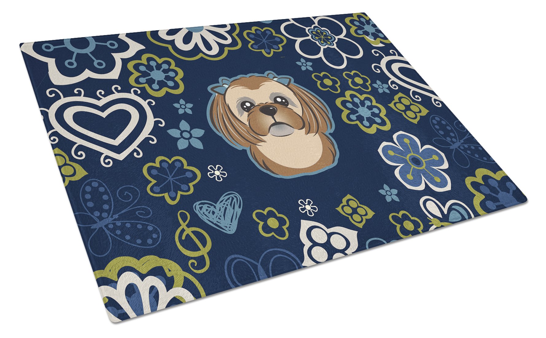 Blue Flowers Chocolate Brown Shih Tzu Cutting Board Tempered Glass Kitchen Cutting Surface, Heat Resistant Chopping, Non-Slip Feet, Food Prep & Serving