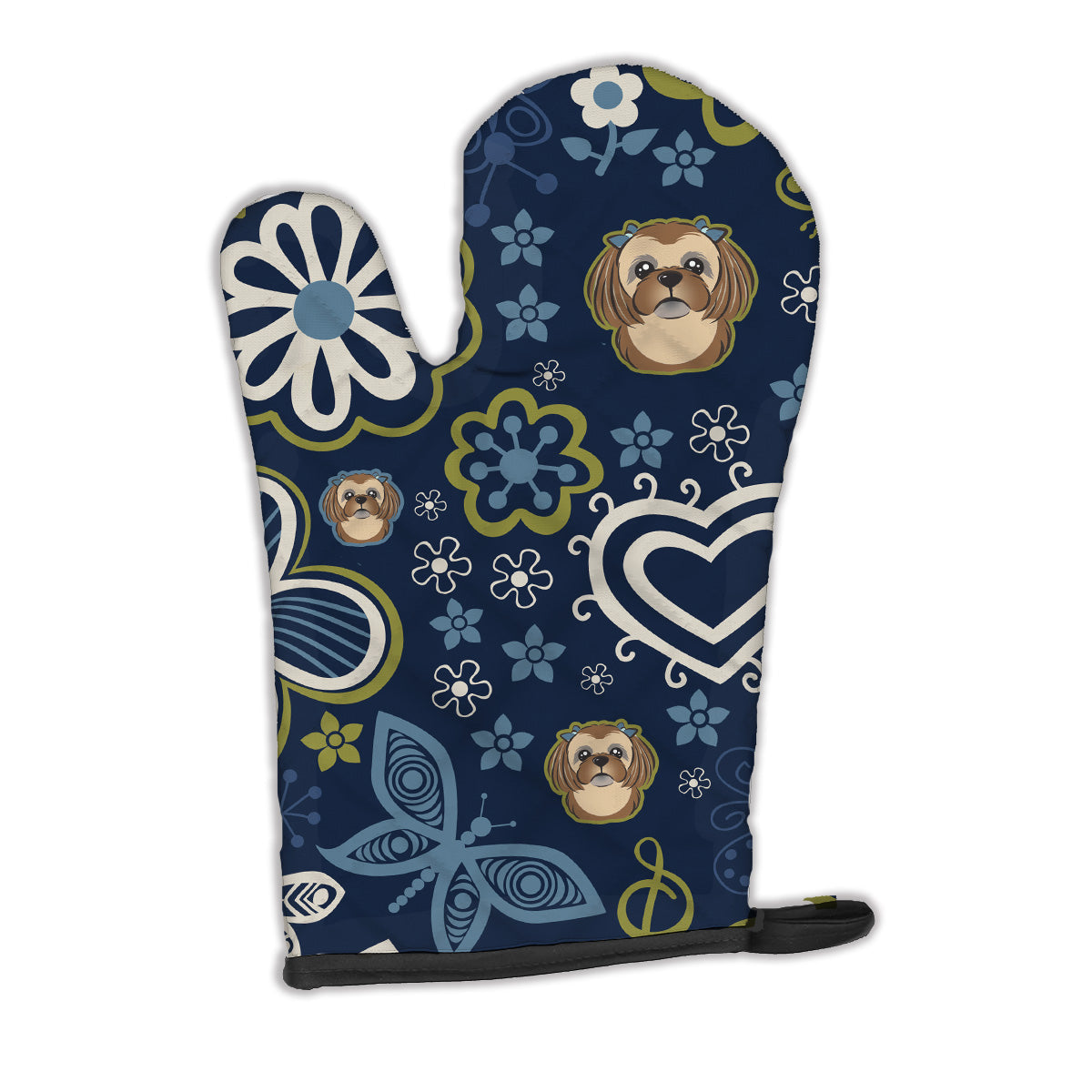 Blue Flowers Chocolate Brown Shih Tzu Oven Mitt Heat Resistant Thick Oven Mitt for Hot Pans and Oven, Kitchen Mitt Protect Hands, Cooking Baking Glove
