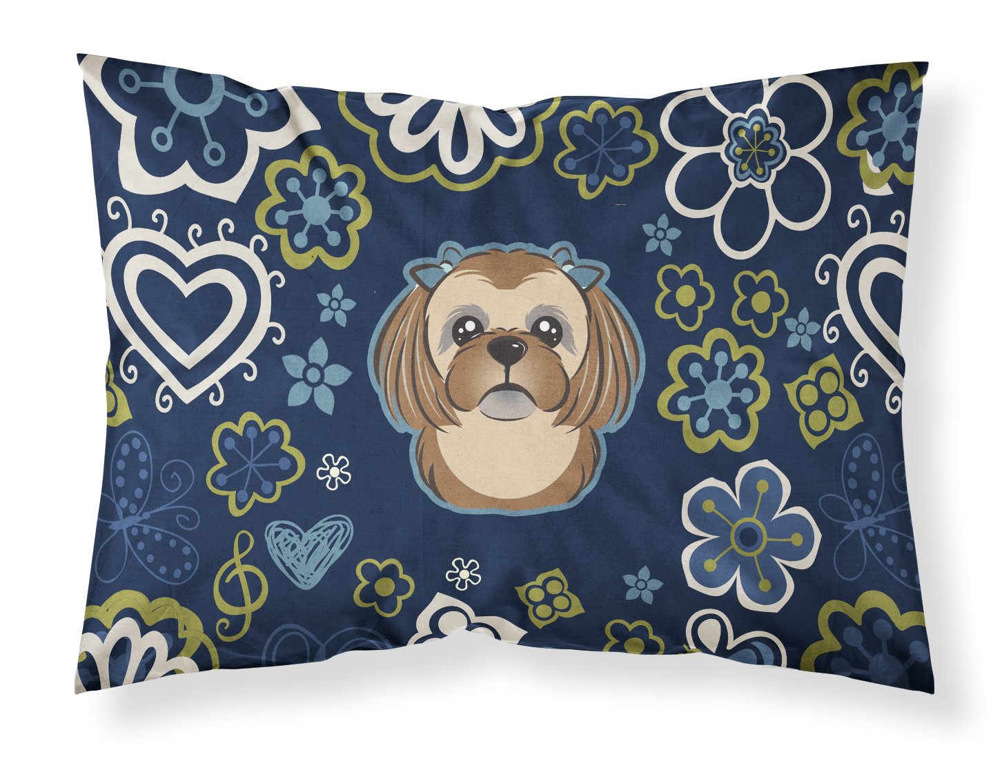 Blue Flowers Chocolate Brown Shih Tzu Standard Pillowcase Lightweight Super Soft Easy Care Decorative Artwork Pillowcase, Standard