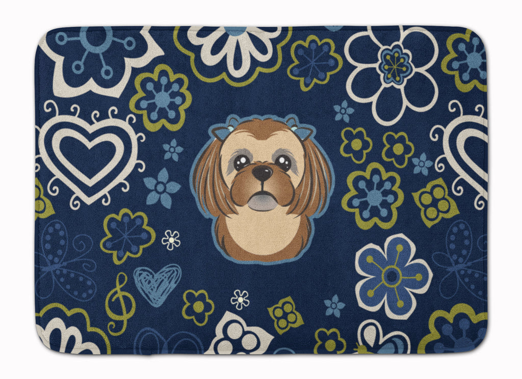 Blue Flowers Chocolate Brown Shih Tzu Memory Foam Kitchen Mat Machine Washable Anti-Fatigue Cushion Comfort Bath or Kitchen Rug