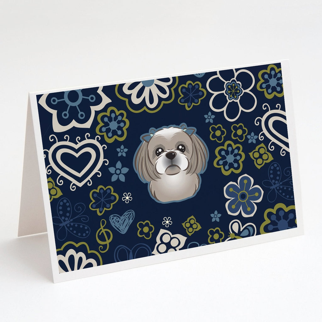Blue Flowers Gray Silver Shih Tzu Greeting Cards Pack of 8 Blank Cards with Envelopes Whimsical A7 Size 5x7