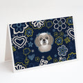 Blue Flowers Gray Silver Shih Tzu Greeting Cards Pack of 8 Blank Cards with Envelopes Whimsical A7 Size 5x7